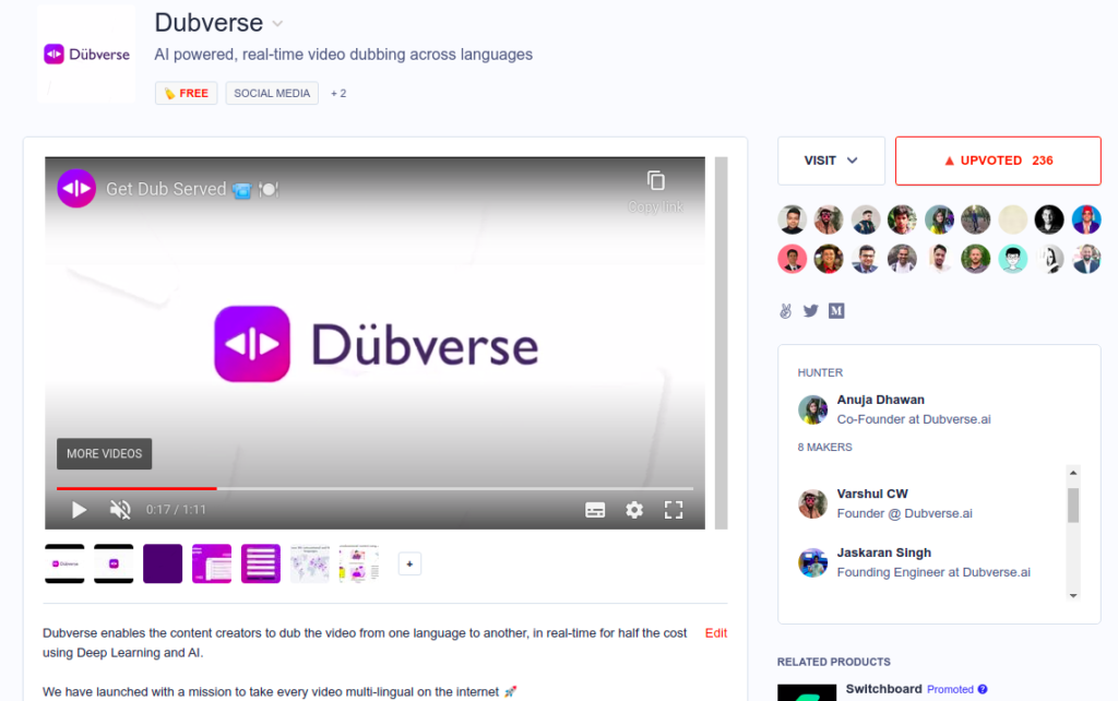 Product hunt Dubverse launch 