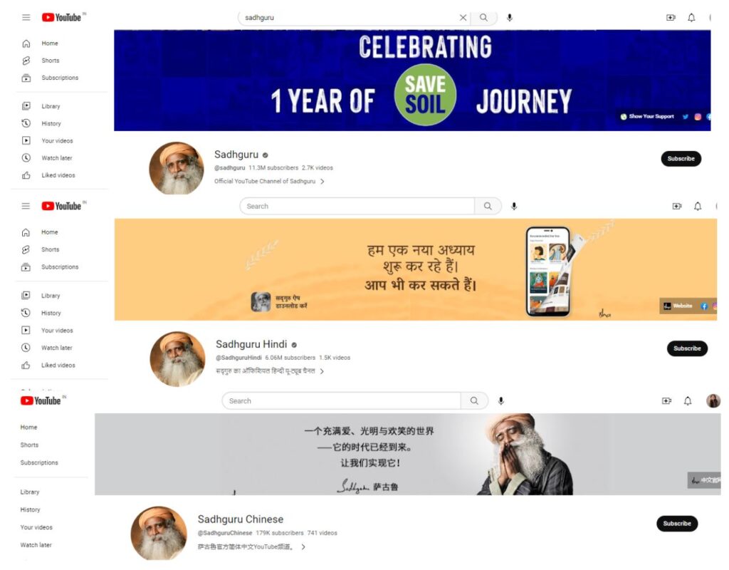 Make sure that your social media profiles are optimized for each language. Example of SadhGuru's YouTube channel profiles.