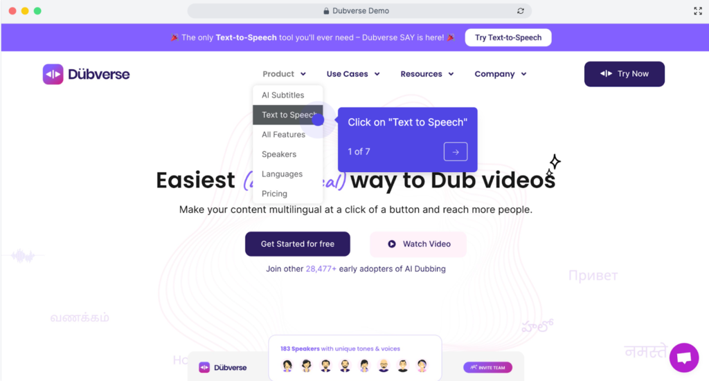 Dubverse's landing page: AI-powered tools to create multilingual content