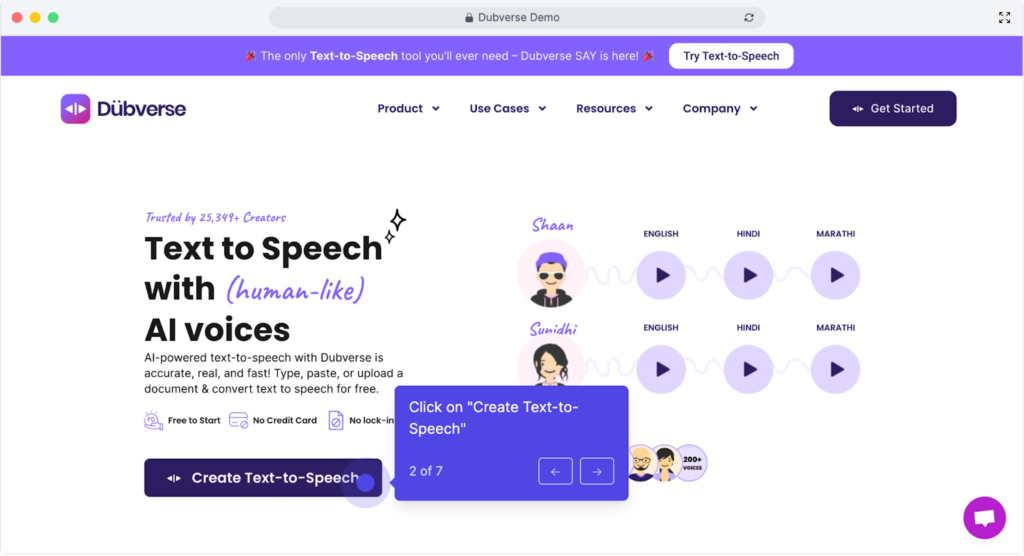 Dubverse AI powered text to Speech tool Landing Page
