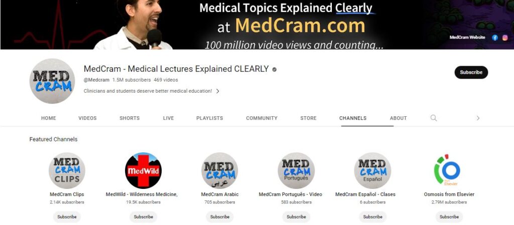 MedCram is an example of Multilingual content creation for YouTube Channel in Healthcare space who uses audio localization for its YouTube videos.