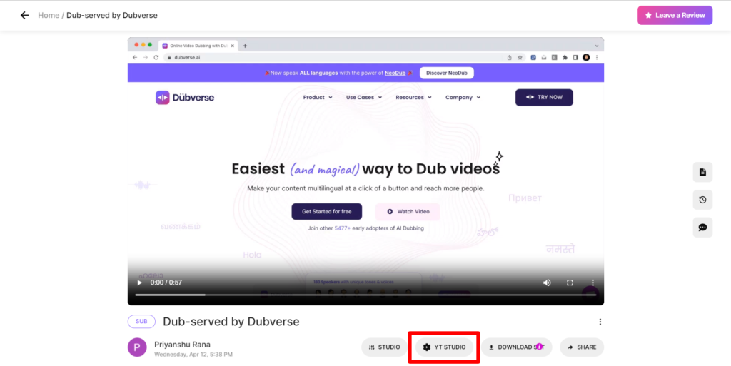 Dubverse YT studio feature