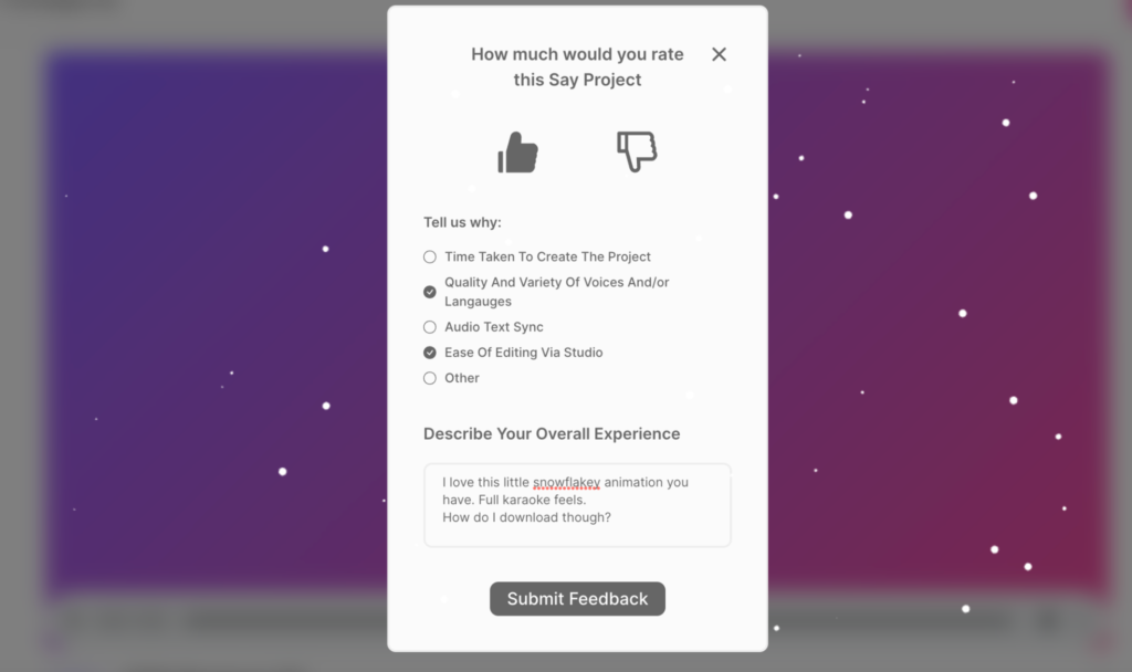 dubverse user feedback form on dubverse player