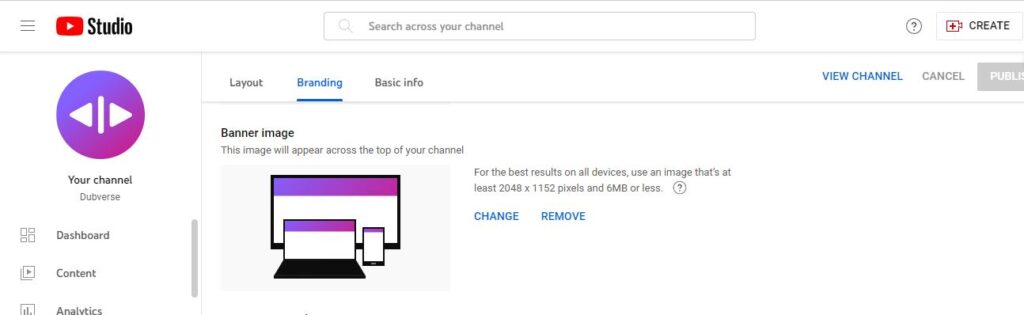Finding the right size for YouTube Banner: Image showing Dubverse YouTube studio