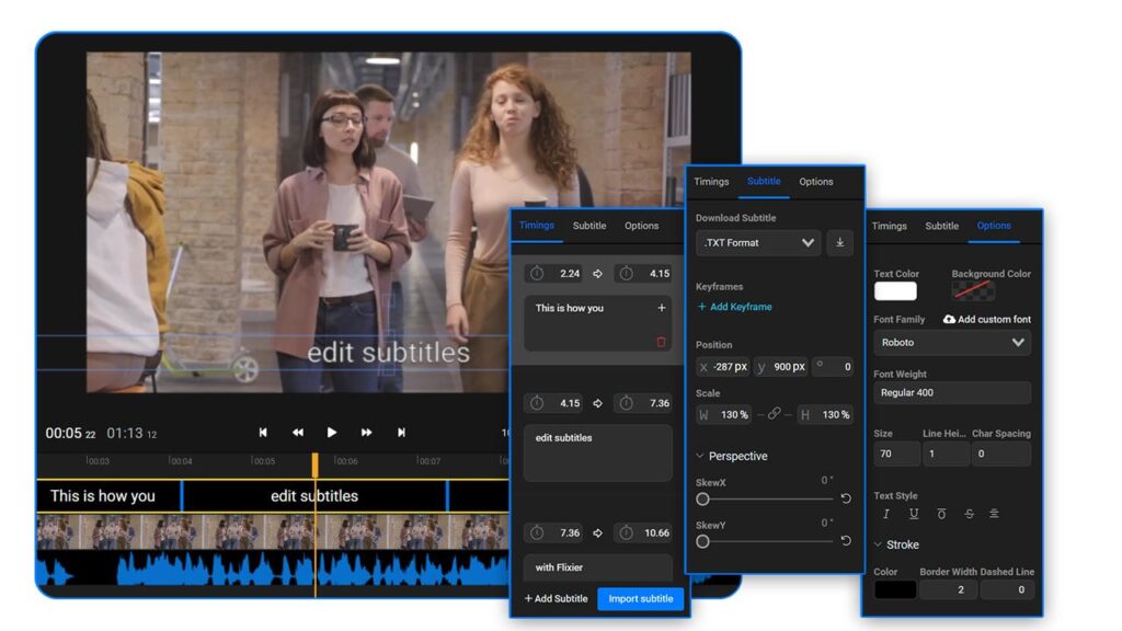 Flixier is an online video editor that includes integrated subtitle functionality, allowing users to easily add and customize subtitles to their videos.