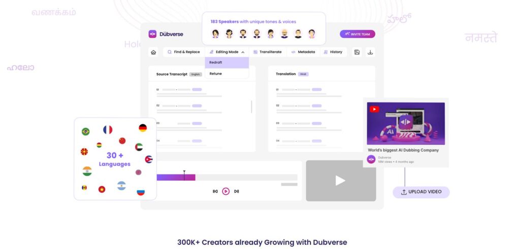 Dubverse is a Generative AI creator platform that helps you create video dubbing, AI subtitles and offers text-to-speech services at the click of a button. You can collaborate with your team, get your dubs reviewed by experts, and perform bulk action with minimal resources. 