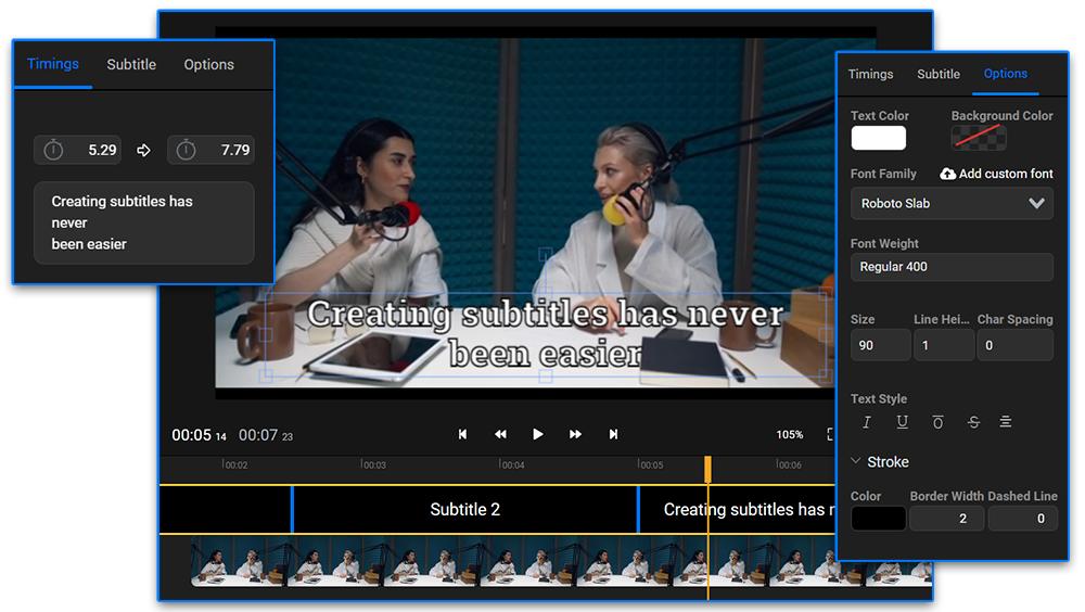 Flixer is an effortless subtitle generator tool which makes adding captions to your videos as simple as a click. The platform offers a multitude of impressive features, allowing users to customize their subtitles to perfection.

Flixier also supports file formats, including MPEG, MP4, MOV, and AVI. As a result, users can directly add captions to their video files without the need for any format conversions, streamlining the workflow.

Beyond its auto subtitle generation capability, Flixier's intuitive interface empowers users to perform powerful video editing.