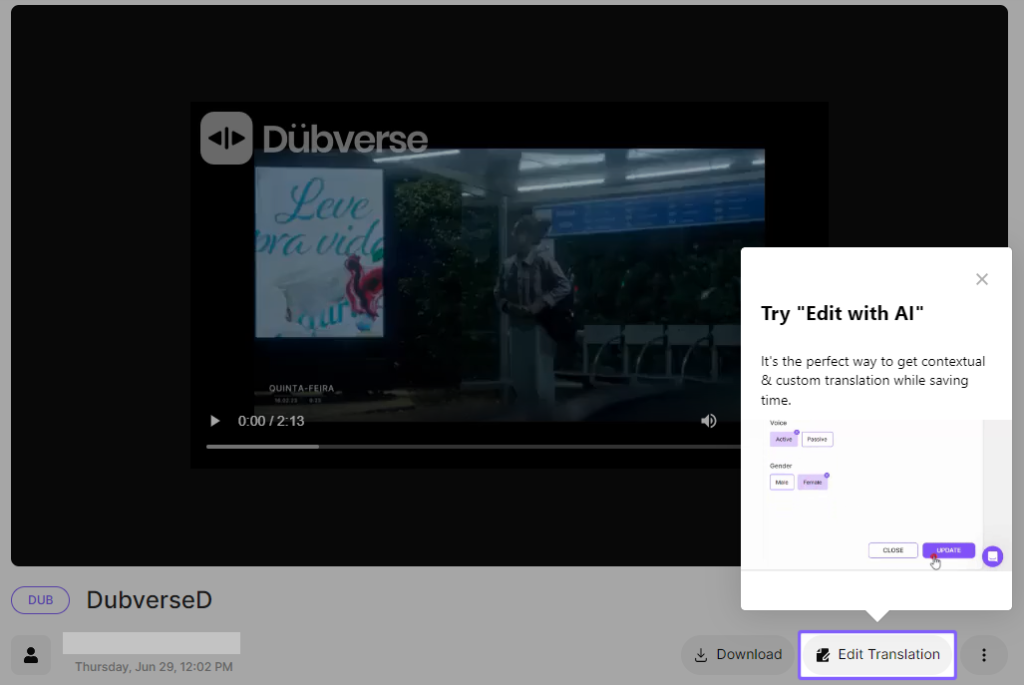 Edit your translated video scripts from the output page of DUbverse DUB.